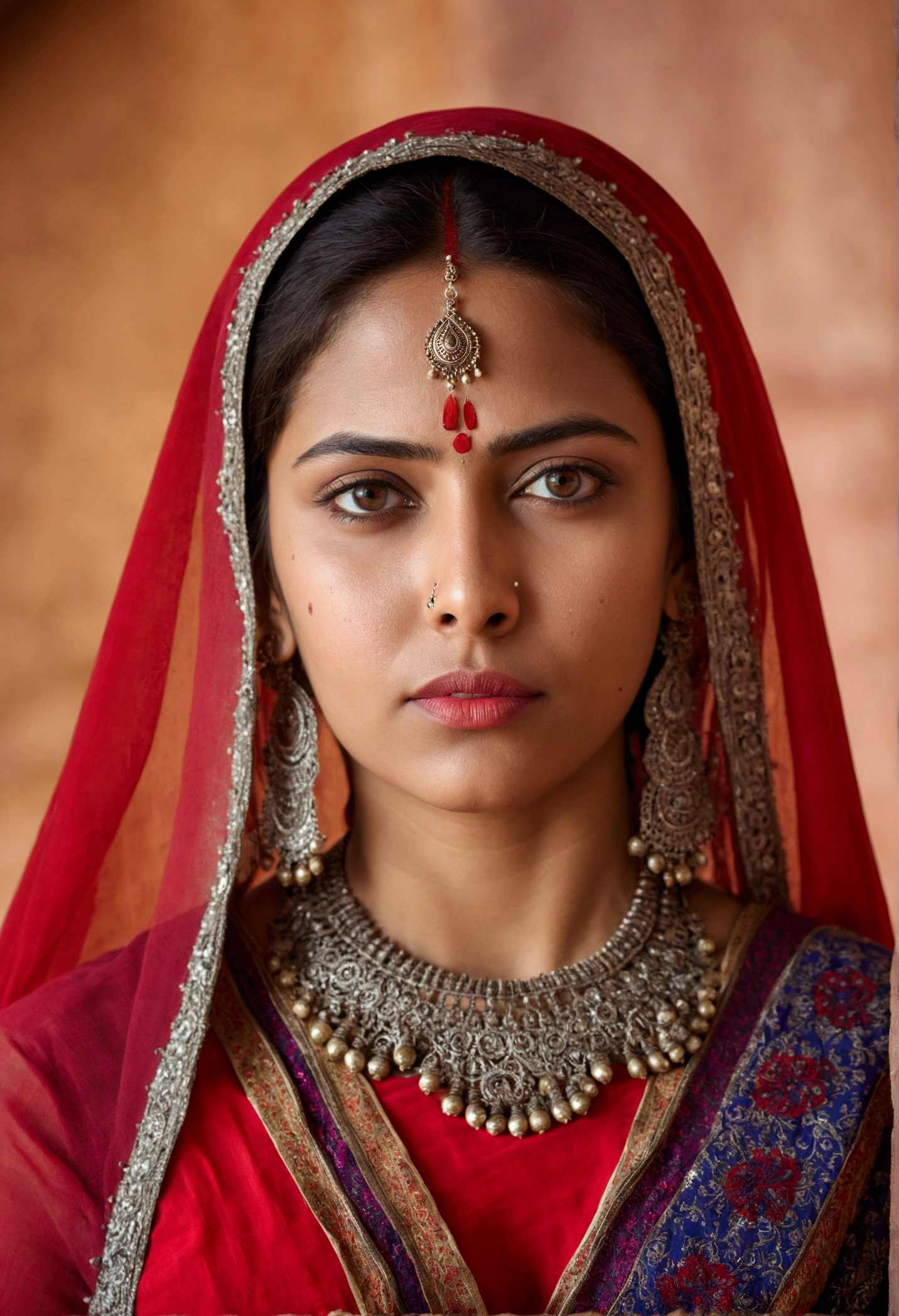 high resolution portrait of woman, sitting on the roof of in Indian historical fort, looking straight at viewer, detailed ethnic dress, studio lighting, beautiful detailed eyes, beautiful detailed lips, extremely detailed face, 8k, photorealistic, canon 5D, f/2, cinematic bokeh background