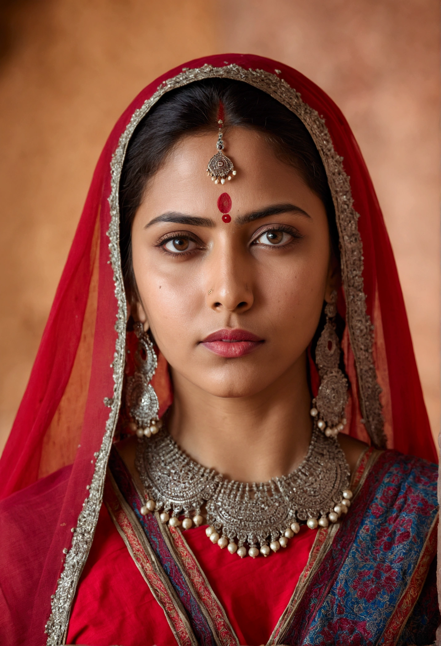 high resolution portrait of woman, sitting on the roof of in Indian historical fort, looking straight at viewer, detailed ethnic dress, studio lighting, beautiful detailed eyes, beautiful detailed lips, extremely detailed face, 8k, photorealistic, canon 5D, f/2, cinematic bokeh background
