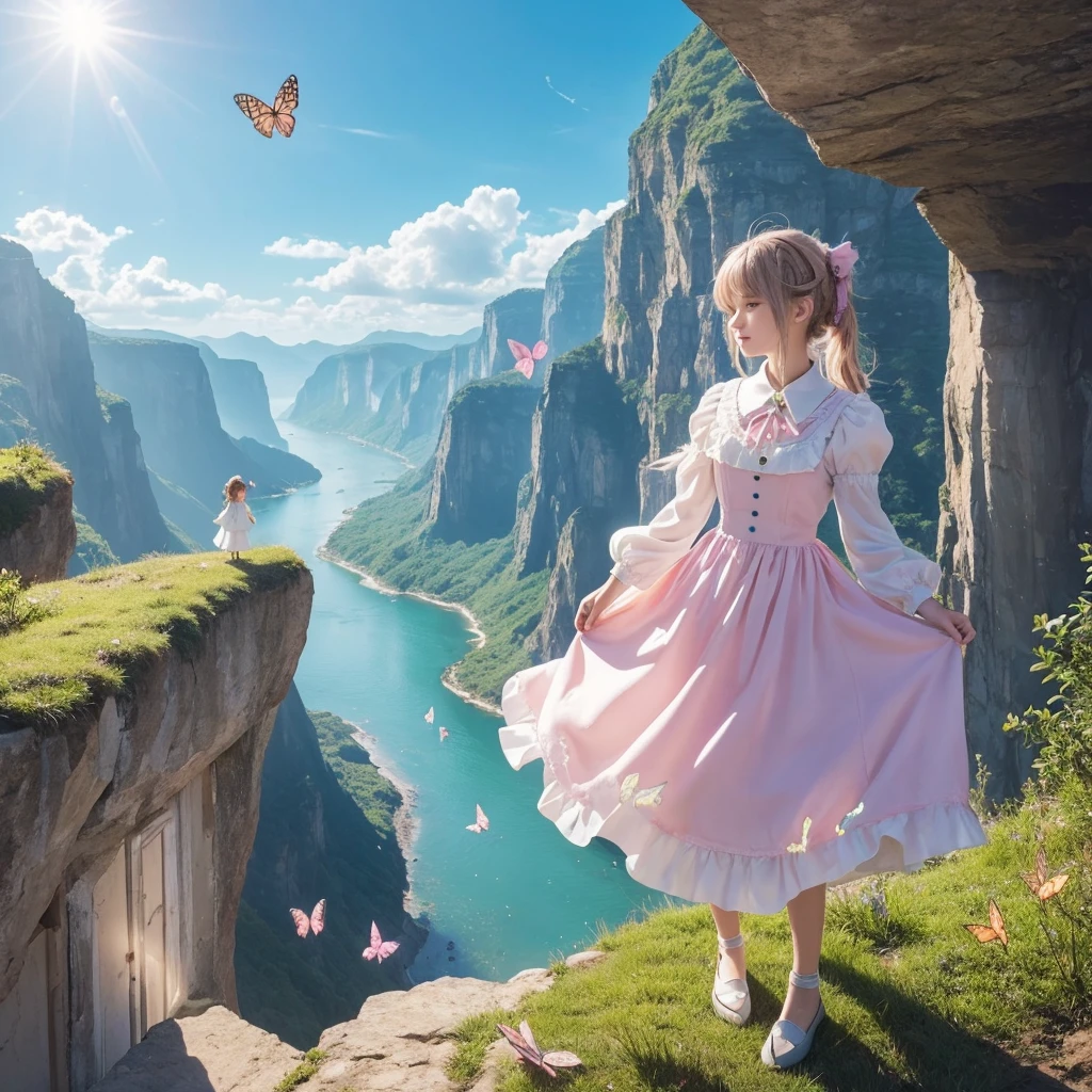• Style: 「Cute and pop anime style」
• Character Description: 「Foolを象徴する若いメイドさん。She has a bright and innocent look、She wears a traditional maid outfit with fluffy frills.。Tarot cards in clothing『Fool』As a symbol of、Carrying a small package tied to a stick、Getting ready to go on an adventure。」
• Pause: 「She stands on the edge of a cliff、I'm trying to take a step。One leg is in the air、It represents the moment when you jump into an unknown adventure.。Her facial expression、Full of courage and curiosity。」
• Props and details: 「In one hand he holds a simple magic wand、With the other hand, she lightly pinched the hem of her dress。Behind her、旅As a symbol of小さな白い犬が彼女を見上げている。」
• background: 「Behind it is a fantastical and fantastical landscape.、Pastel-colored clouds drift、The sky is bright blue。Small particles of light fluttered around the maid.、It suggests that hope and adventure await her ahead.。」
• Symbols: 「Butterflies and small birds are casually drawn in the background.、Symbolizing freedom and possibility。Also、There is a cliff painted on the maid's feet.、The cliff is a tarot card『Fool』It represents a symbolic step forward。」