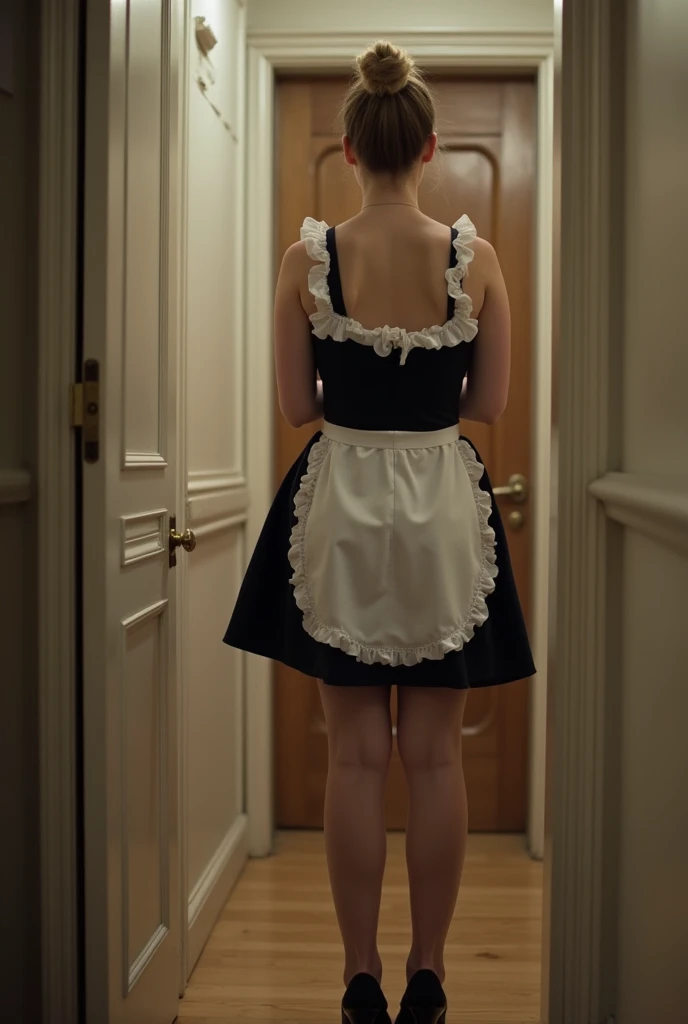 Maid waiting by door for mistress short dress embarrassed