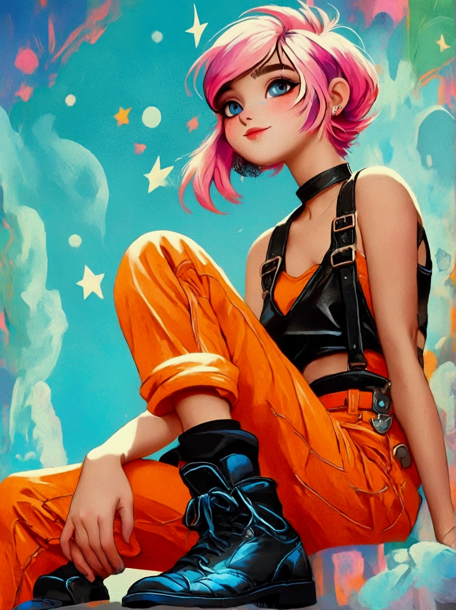 (A cute girl wearing a pink suspender),(orange jeans:1.5),(Black leather shoes:1.9),front,(((whole body:1.6))),Cartoon illustration,Created by Ms. Becca Doodlefly,Style: grunge rock beauty,sandara tang,Mixed Patterns,letter,Charming Character Illustrations,Folklore,dream,mystery,beauty,Aesthetic,Mainly realistic traditional style,The painting style is meticulous,Refreshing colors,HD,(8k,bright颜色,bright,Ultra high saturation,rgb, rich and colorful), cartoon,role conception,Surreal photos,dream花园,Aesthetic治愈,moon,Star,Aesthetic诗意,minimalist flat illustration