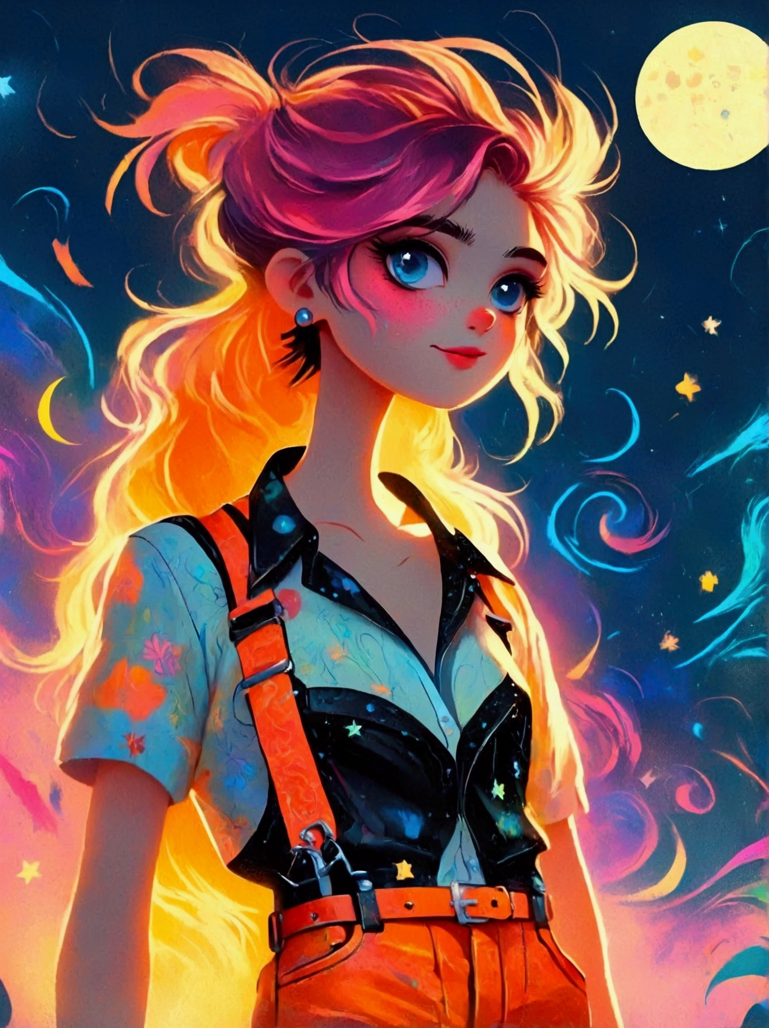 (A cute girl wearing a pink suspender),(orange jeans:1.5),(Black leather shoes:1.9),front,(((whole body:1.6))),Cartoon illustration,Created by Ms. Becca Doodlefly,Style: grunge rock beauty,sandara tang,Mixed Patterns,letter,Charming Character Illustrations,Folklore,dream,mystery,beauty,Aesthetic,Mainly realistic traditional style,The painting style is meticulous,Refreshing colors,HD,(8k,bright颜色,bright,Ultra high saturation,rgb, rich and colorful), cartoon,role conception,Surreal photos,dream花园,Aesthetic治愈,moon,Star,Aesthetic诗意,minimalist flat illustration