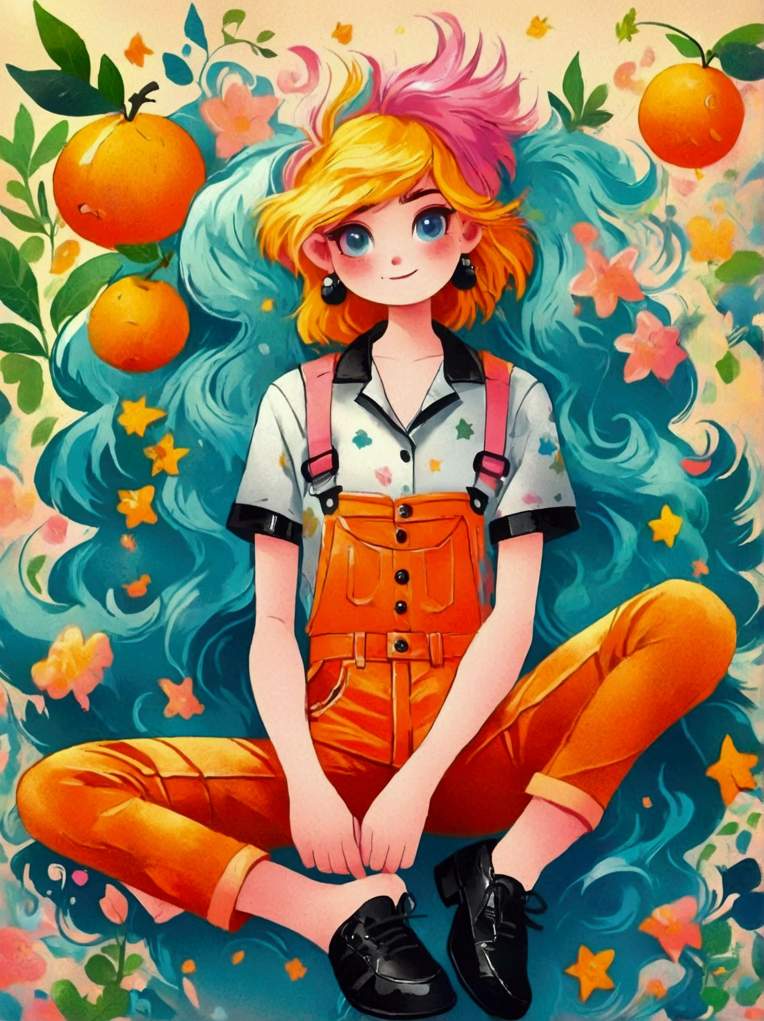 (A cute girl wearing a pink suspender),(orange jeans:1.5),(Black leather shoes:1.9),front,(((whole body:1.6))),Cartoon illustration,Created by Ms. Becca Doodlefly,Style: grunge rock beauty,sandara tang,Mixed Patterns,letter,Charming Character Illustrations,Folklore,dream,mystery,beauty,Aesthetic,Mainly realistic traditional style,The painting style is meticulous,Refreshing colors,HD,(8k,bright颜色,bright,Ultra high saturation,rgb, rich and colorful), cartoon,role conception,Surreal photos,dream花园,Aesthetic治愈,moon,Star,Aesthetic诗意,minimalist flat illustration