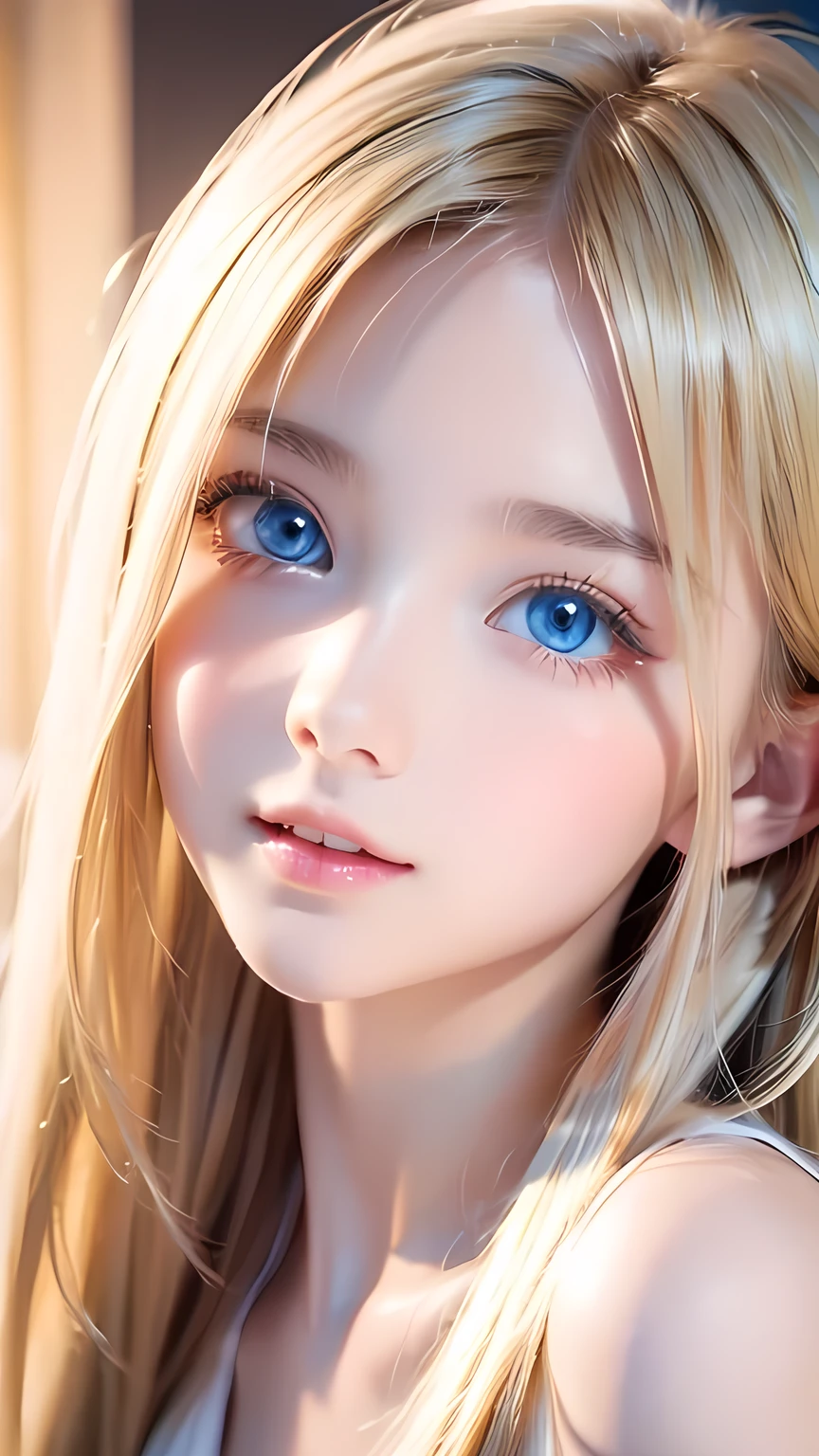 Crystal clear and shiny skin、Cute old with beautiful face、Very large, beautiful, bright, pale sky blue eyes、Very big eyes、Super long straight hair that shines in the light、Long, silky bangs that cover her cute eyes、Hair that hides sexy features、too long bangs、Sexy and cute young beauty、Super long natural young blonde hair with sparkling highlights Blonde over one eye Blonde over one eye、Blonde hair between the eyes
