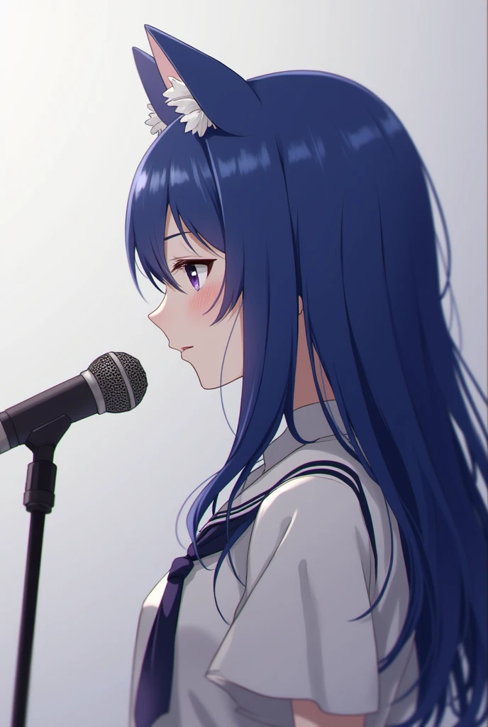 Cat ear girl,Indigo hair color,Profile of a person singing at a microphone stand,