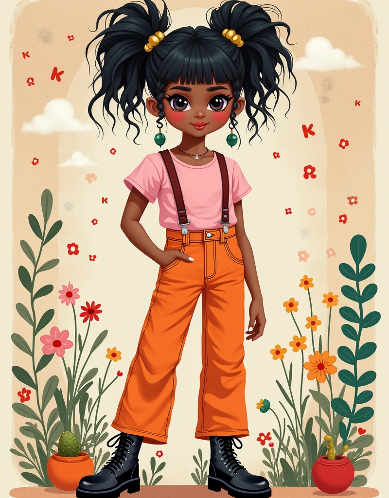 (A cute girl wearing a pink suspender),(orange jeans:1.5),(Black leather shoes:1.9),front,(((whole body:1.6))),Cartoon illustration,Created by Ms. Becca Doodlefly,Style: grunge rock beauty,sandara tang,Mixed Patterns,letter,Charming Character Illustrations,Folklore,dream,mystery,beauty,Aesthetic,Mainly realistic traditional style,The painting style is meticulous,Refreshing colors,HD,(8k,bright颜色,bright,Ultra high saturation,rgb, rich and colorful), cartoon,role conception,Surreal photos,dream花园,Aesthetic治愈,moon,Star,Aesthetic诗意,minimalist flat illustration