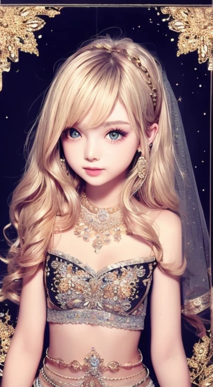 Beautiful woman、Arabian、Veil、Gold Jewelry、masterpiece、Highest quality、Ultra delicate、8k、、Blonde Hair、、Bustier、long hair、Veilヘアー飾り、レースのVeilをかぶる