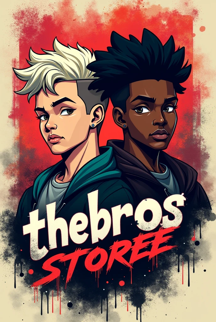 Make a logo for a profile picture that has two boys, One white and one black, rough graffiti type, and in the middle it says “thebros”_storee” with futuristic letters
