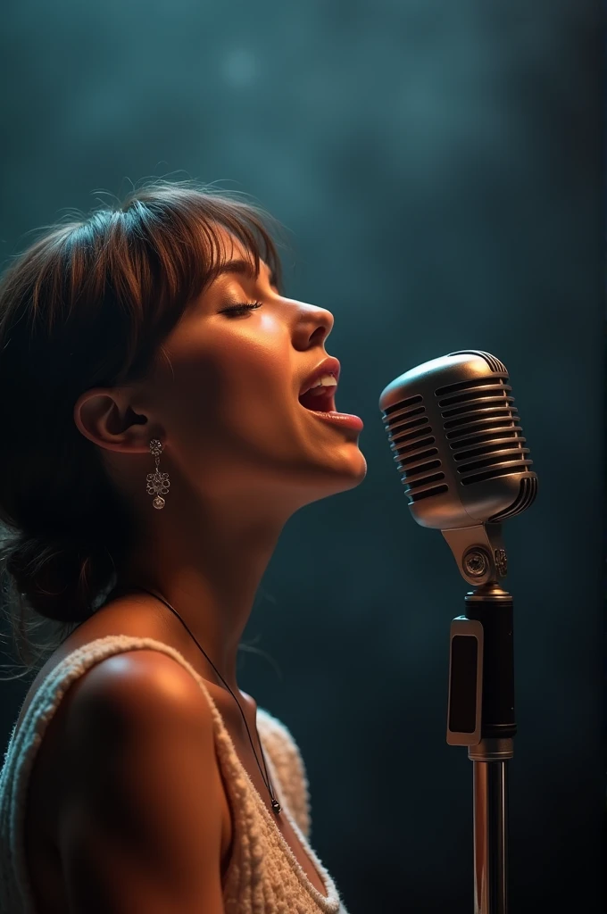 Profile of a woman singing into a stand microphone