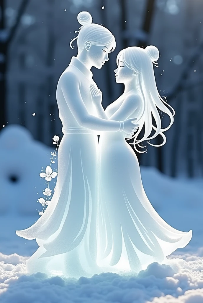 (ice - carving:1.4),Movie Angle,(Fan Bingbing, ice sculpture girl and boy couple,romantic couple,Asian cute couple, Anatomically correct,full bodyesbian,Masterpiece ice sculpture camellia,Representative work Hanfu,Smile,sexy,full body arts,traditional arts,beautiful arts,cute,Sweet couple,sexy arts,romantic seens arts,wallpaper arts)