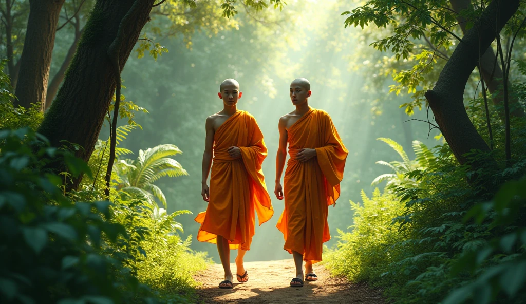 2 tall and handsome young Khmer monk walk in forest