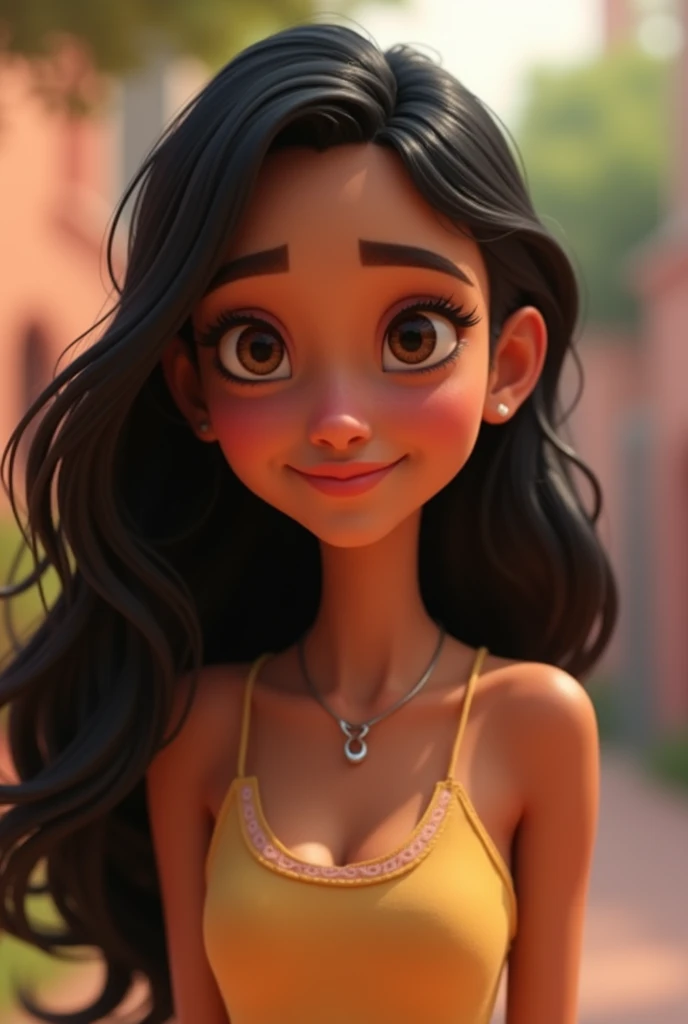 Create a Pixar-style character with long, black hair ,light brown skin woman, small breasts dark brown eyes , thin eyebrow and thin face and big mouth with tank top