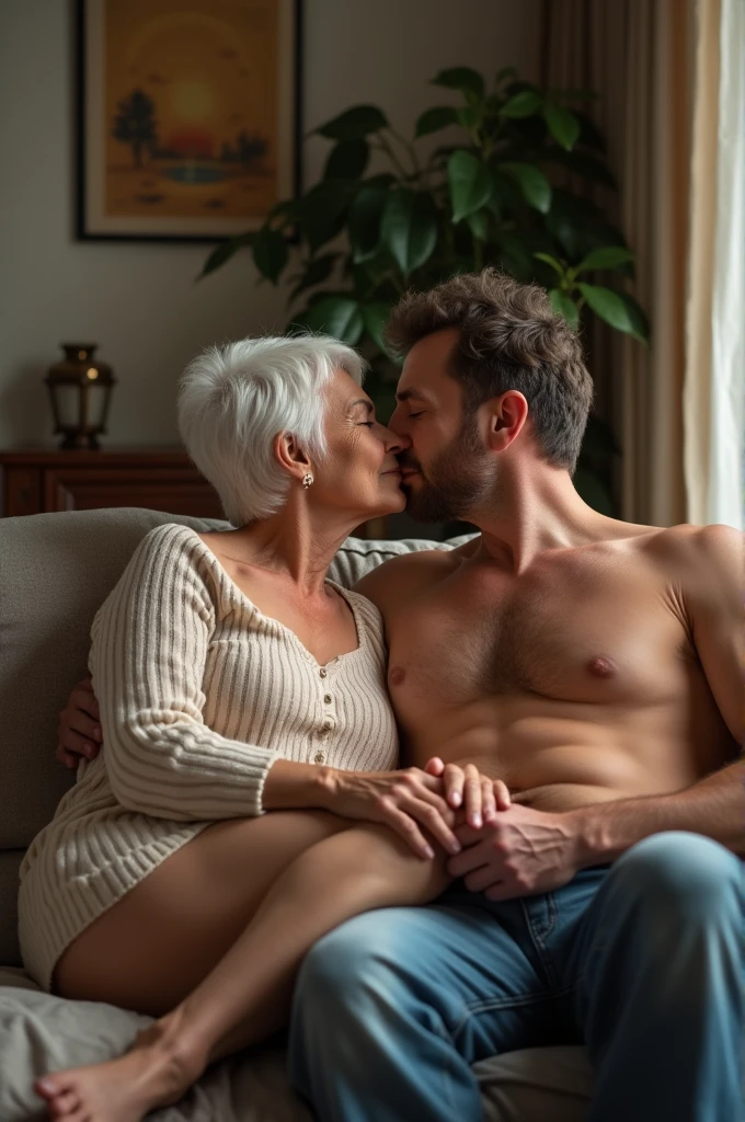 Sexy male and female,Mature 80 years old busty woman spreading legs kissing 30 years young man, living room ,sofa , sexual ,full body