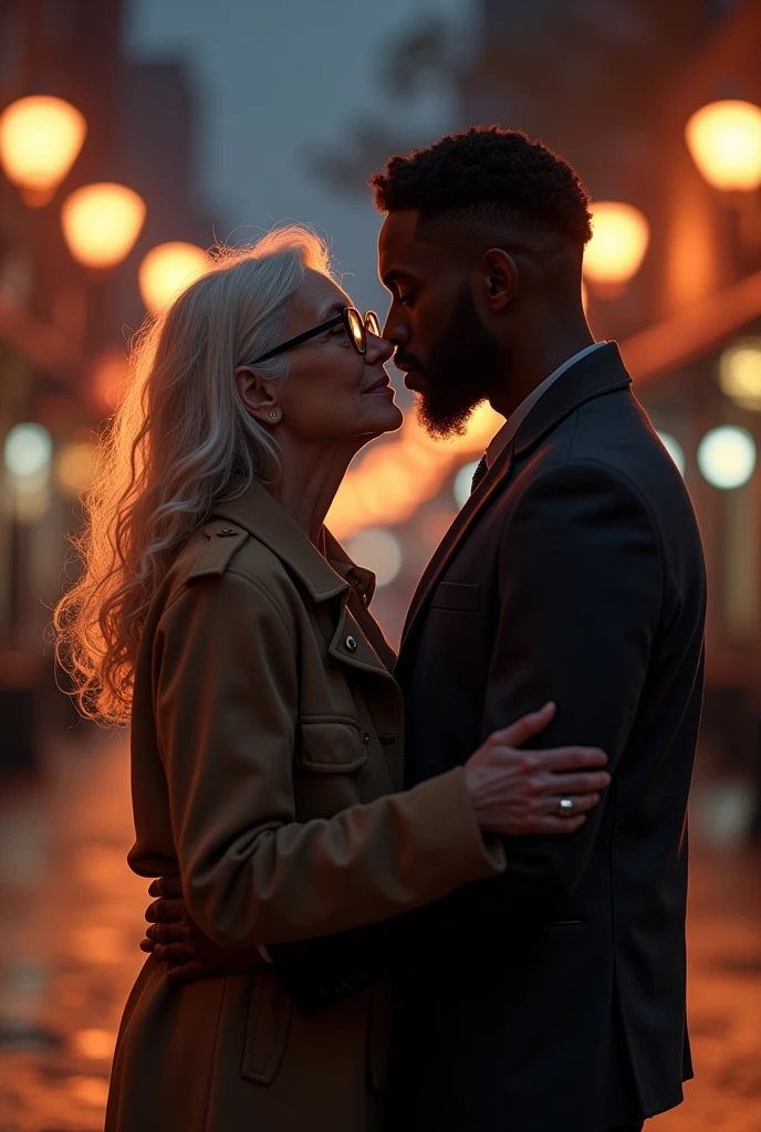 A 60 year old woman, long haired and chubby blonde, wearing glasses being kissed by a young black man on a dark street at night in front of a closed store