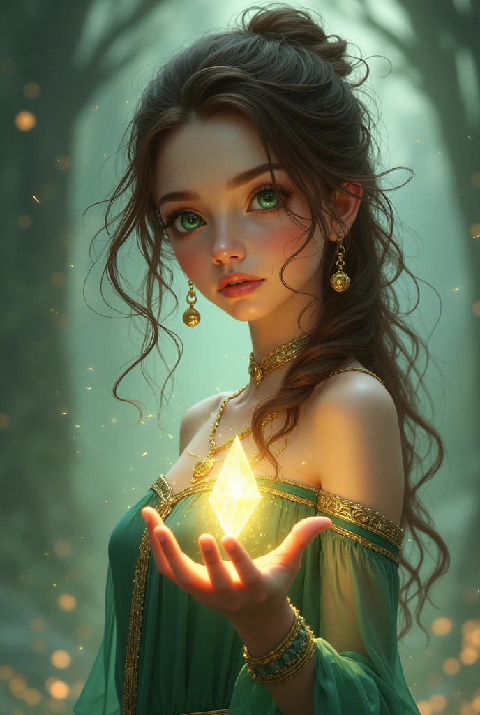 A brown-haired girl with green eyes and a crystal in her hand