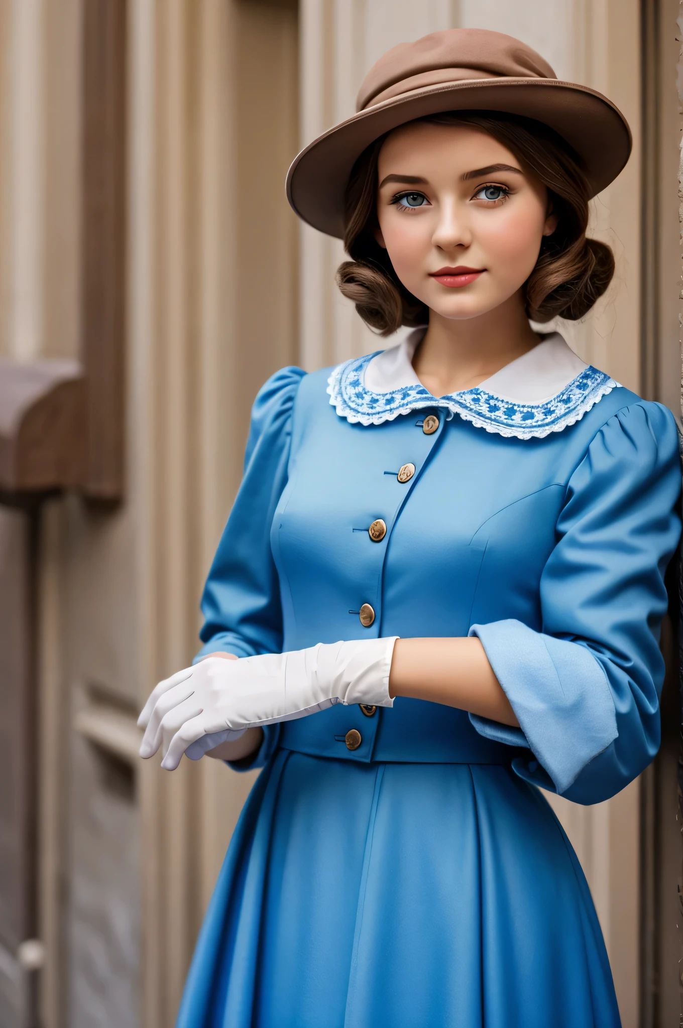 russian girl,1940s style medium brown hair ,Hat blue dress white gloves