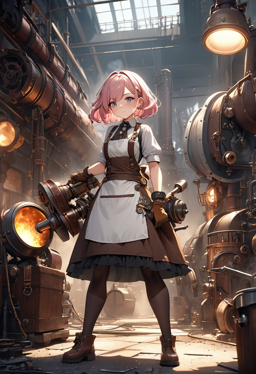 Steampunk style CG art,A mechanical girl is doing alchemy.The girl is super cute, her whole body is steampunk mechanical.The girl is wearing a dirty workman's apron,Short white hair with pink hair mixed in,The girl was sweating and holding a hammer, smelting hot iron.Old iron smelting factory background,A number of steampunk-style machine tools are lined up, spewing steam.Girls are hard workers,A daughter who never gives up,A wide shot of the factory,High quality, high quality, (masterpiece, best quality, 4k, 8k:1.5) Ultra detail,Physically Based Rendering,Steampunk style,Cinema lighting,Fantasy,
