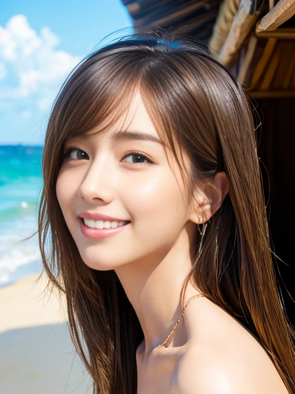 masterpiece, Highest quality, Very detailed, 複雑に詳細なSuper detailed, Realistic, Sharp features, Very detailed, Sharp focus, Perfect Face, Perfect symmetrical eyes, Perfect Plump Lips, Super detailed, hyper Realistic, High resolution, (Random Pause), Fashion Model, thin, Japanese Idols, Sexy Girls, Perfect body, (Micro Bikini:1.2), stylish, Realistic, PhotoRealistic:1.3, Beautiful Face, Light brown hair, Messy Hair, Beautiful hairstyle, (Grin), Beach,