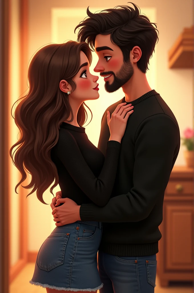 a couple, the white skinned girl,with wavy brown hair, with light brown eyes, with a jean skirt and a black sweater and the boy with short, wavy, black hair, with beard, slightly dark skinned, in a black sweater and jeans, Disney Pixar version