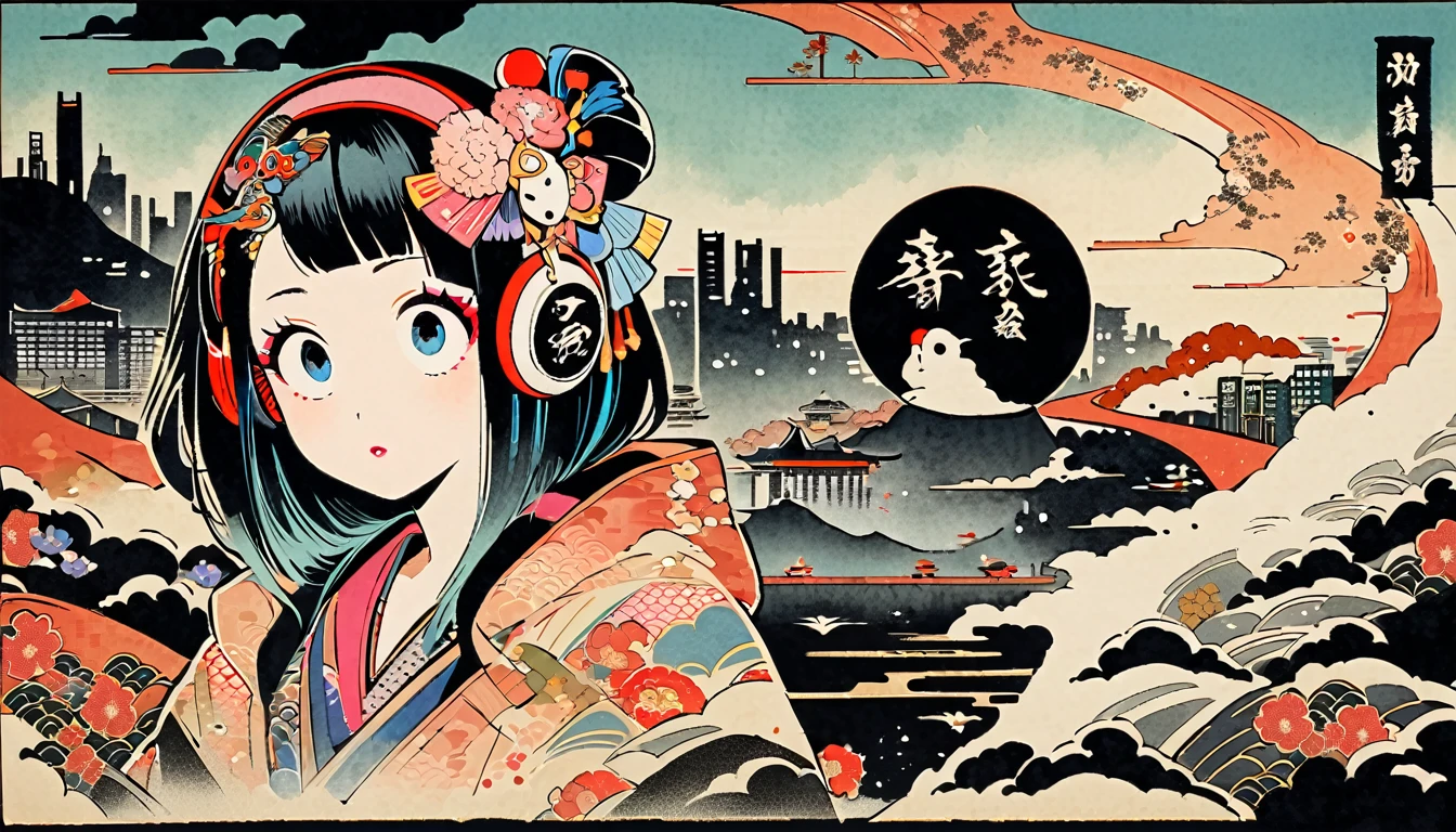 (((Ink Painting))), (((cyber city))), (((1 girl))), (((whole body))), (((Very flashy hair accessories))), (((Very flashy makeup))), Japanese style headphones, Japanese pattern hoodie, Put on the hood, Put your hands in your pockets, Japan人の美女, Black Hair, Delicate and precise, Modern ukiyo-e style,Japan, Droopy eyes, round face
