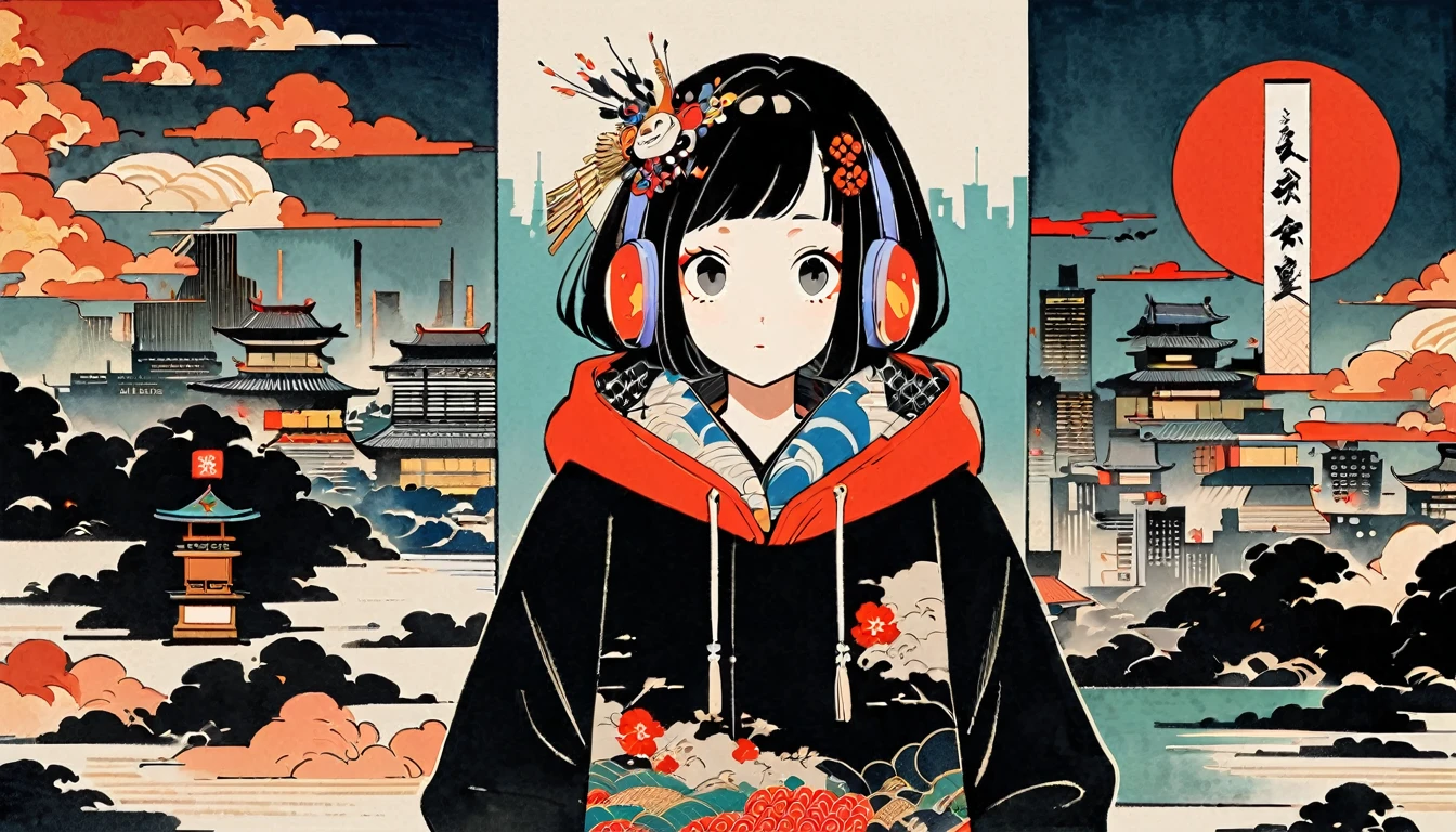 (((Ink Painting))), (((cyber city))), (((1 girl))), (((whole body))), (((Very flashy hair accessories))), (((Very flashy makeup))), Japanese style headphones, Japanese pattern hoodie, Put on the hood, Put your hands in your pockets, Japan人の美女, Black Hair, Delicate and precise, Modern ukiyo-e style,Japan, Droopy eyes, round face