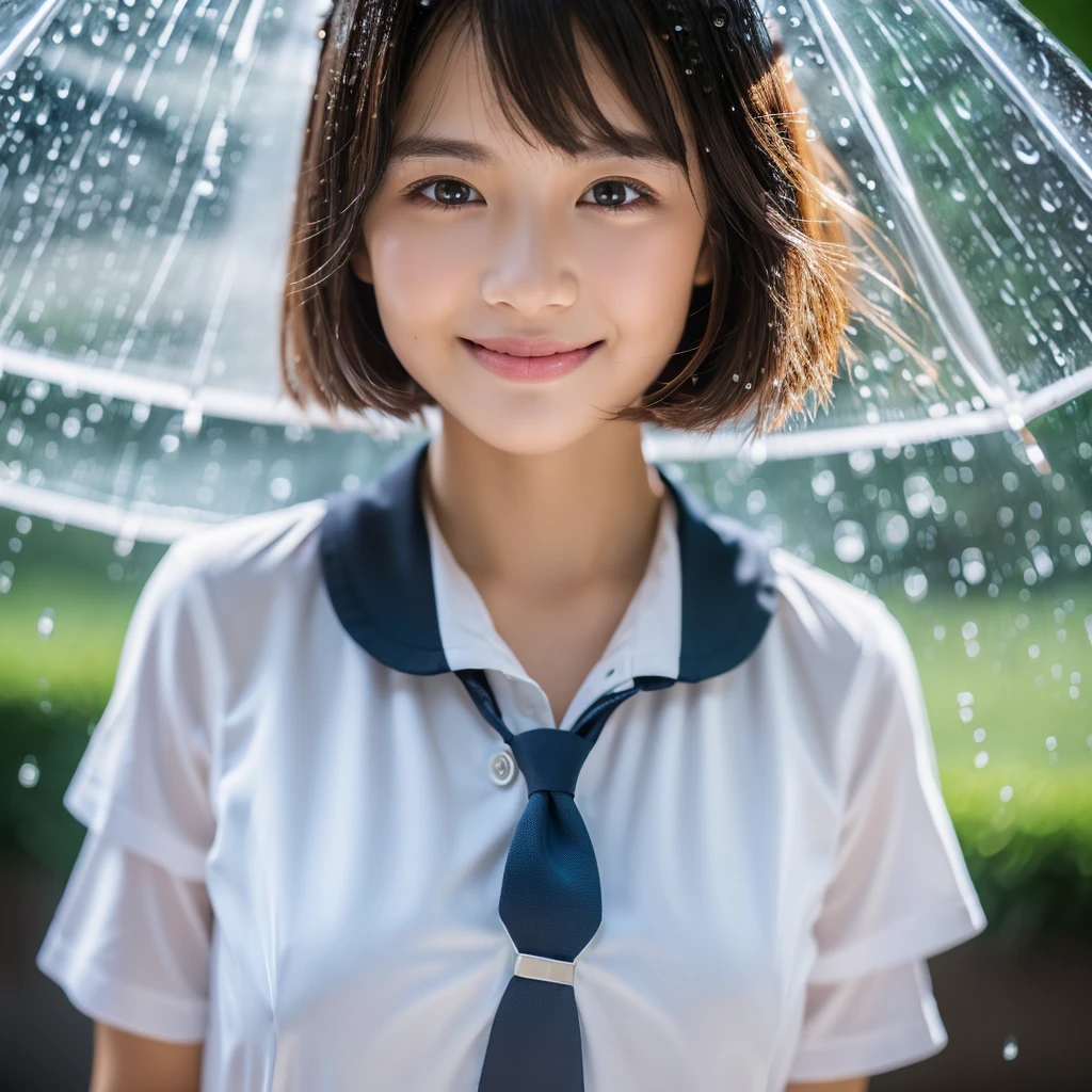 ((Top Quality, 8K, Masterpiece: 1.3)), (high detail: 1 in 1), (Focus on face),buttocks: 1.2, (Perfect Body Beauty: 1.4), ((Layered Haircut, Chest: 1.4)), (Rain:1.6), (in Street), (Wearing a (wet:1.4) white school Uniform with miniskirt and Loose Tie), Very detailed face and skin texture, narrow eyes, double eyelids, whitening skin, long hair, (Shut up: 1.3), smile,extra, real photo, psd, lamp film photography, sharp focus, contrast lighting, detailed skin, high resolution 8k, crazy detail, realistic, professional photography, 8k uhd, SLR camera, soft lighting, high quality, film grain, fujifilm XT3,