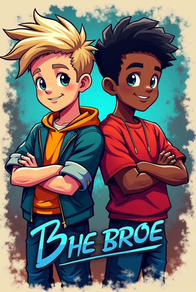 Make a logo for a profile picture that has two boys, One white and one black, rough graffiti type, and in the middle it says “thebros”_storee” with futuristic letters