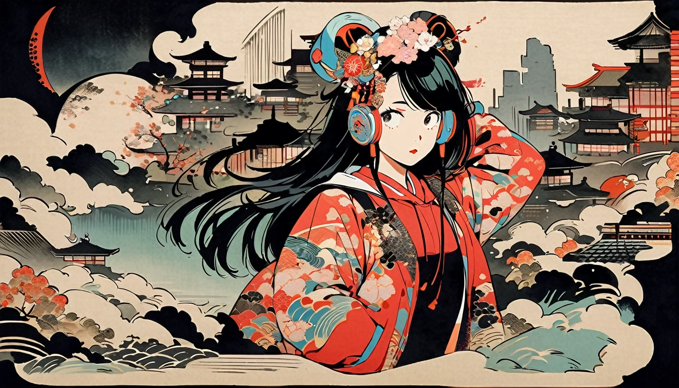 (((Ink Painting))), (((cyber city))), (((1 girl))), (((whole body))), (((Very flashy hair accessories))), (((Very flashy makeup))), Japanese style headphones, Japanese pattern hoodie, Put on the hood, Put your hands in your pockets, Japan人の美女, Black Hair, Delicate and precise, Modern ukiyo-e style,Japan, Droopy eyes, round face