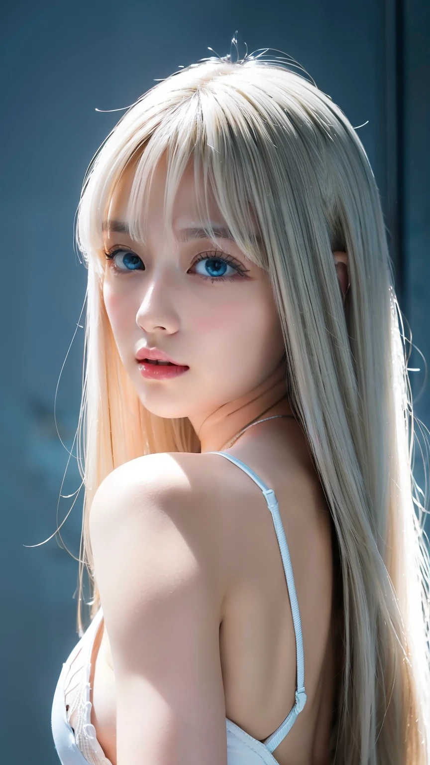 Very beautiful super long straight platinum blonde hair、Beautiful bangs between the eyes、The pieces fly, Highest quality, figure, Extremely detailed, High resolution, 8k wallpaper, Perfect dynamic composition, So beautiful、Large bright light blue eyes with shining detail、Very big eyes, Fitness Wear, Natural color lip,There is cleavage in the chest、Cheek gloss highlighter、White skin、Small Face Beauty、Beautiful girl at 22 years old、Round face