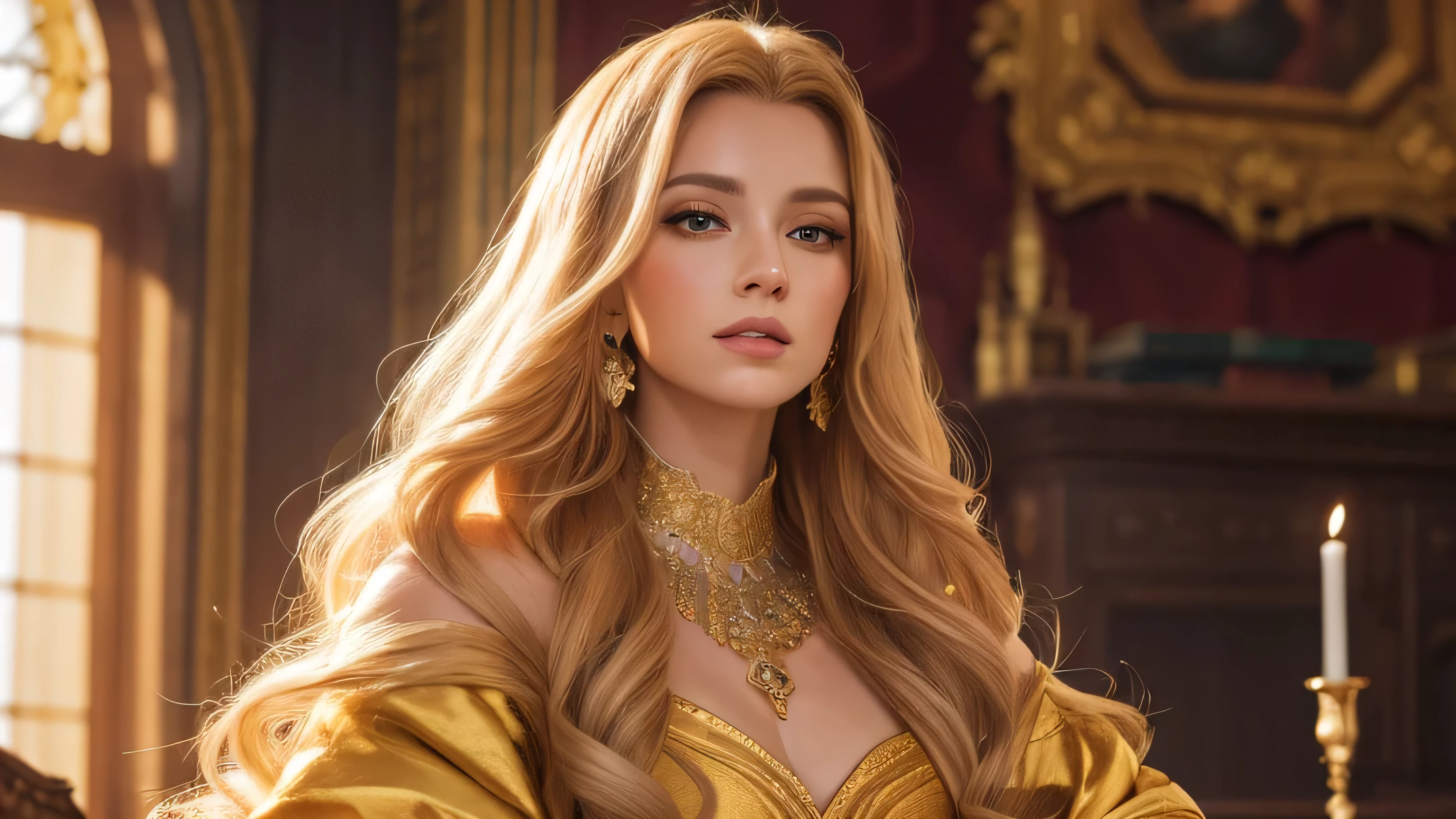 a beautiful woman with golden hair, sitting in a royal interior with a medieval background, high quality detailed portrait, (best quality,4k,8k,highres,masterpiece:1.2),ultra-detailed,(realistic,photorealistic,photo-realistic:1.37),detailed eyes,detailed lips,detailed face,longeyelashes,intricate royal dress,elegant pose,dramatic lighting,atmospheric environment,vibrant colors,fantasy art