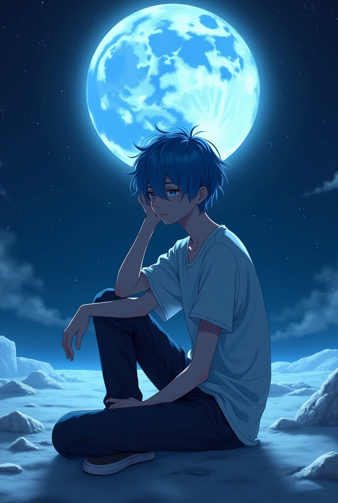 Blue short hair，male，Hair covering right eye，gentle，Get the blues，Half Body，High School Students，Sitting on the moon