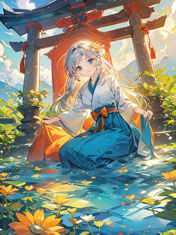 ((Highest quality)), ((masterpiece))、Small breasts are justice、background(Magnificent View)、View from afar、Multiple people、Two women、Two shrine maidens、Dance together、prayer、Uplifting、(Blue and silver long hair、Blue-green eyes)、(Scarlet long hair、Orange eyes)、Miko costume、Hakama、morning haze、shrine、anime