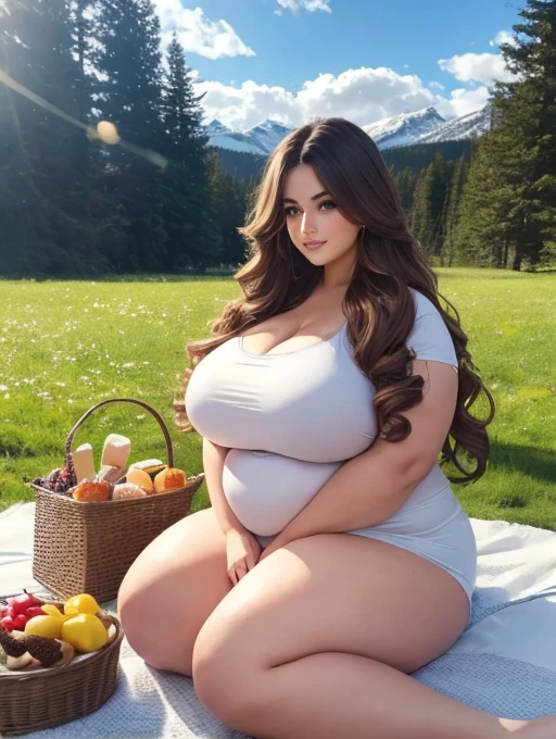 A very fat white woman with long wavy hair, face is perfect and beautiful, has huge body curves, sitting on a picnic blanket in a meadow 