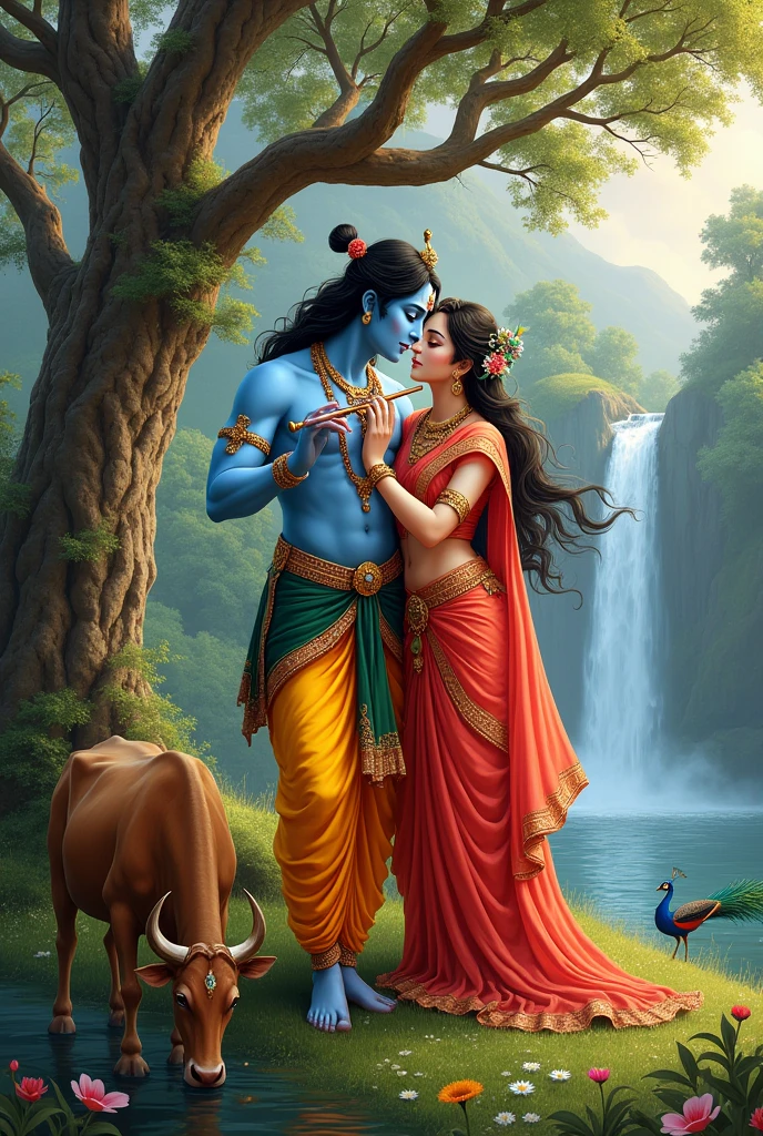 Radha kishan with basuri background kadam tree and peacock and water fall and cow very attractive 