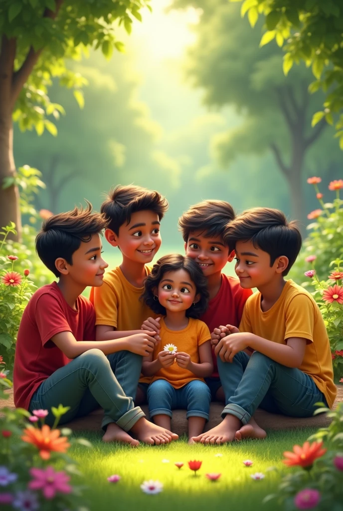 4boys  1 girl  sitting in a garden  like friend  names 
Vinod,sai,Mahindra, Gayatri 