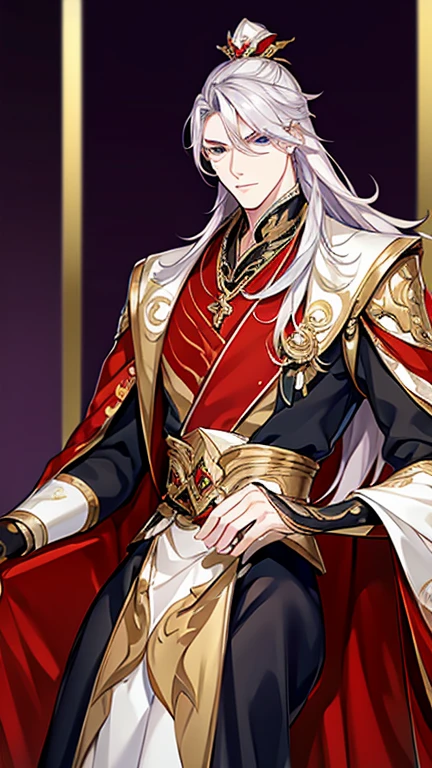 (art: 1.2), (best quality: 1.2) 1 man, mature, tall (2.00 cm), appears to be around 35 years old, has long silver-white hair, straight and shiny, with eyes of two different colors: the right eye is blue like ice, the left eye is pink, extremely detailed eyes, perfect eyes, extremely realistic eyes, well-aligned eyes, long eyelashes, anime style, perfect face, serious and majestic face, mature, fair skin, natural and balanced body, perfect hands, detailed hands, hands well-proportioned to the body, realistic hands, arms with good anatomy, wearing an emperor’s Chinese attire decorated with gold and silver, featuring dragon patterns that look very beautiful and luxurious, sitting on a golden chair with dragon carvings symbolizing leadership, detailed drawing of the chair, with a spectral image of a long Eastern dragon with intertwined purple and gold scales behind him, looking at the viewer, background scene is a Chinese-style pavilion hall, posing alone, looking at the viewer.