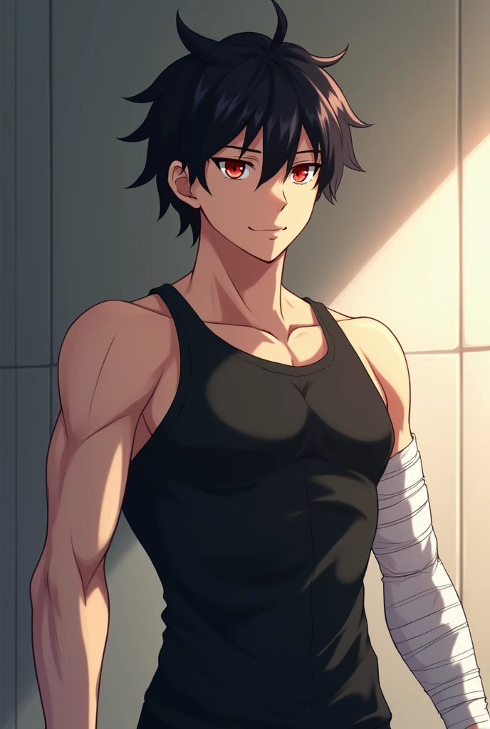 adult, masculine, relaxed and serious, Whole body, Black hair, slanted and red eyes, slim and tall body, black fitted tank top, bandages on his arms and neck, anime, epic, 4k