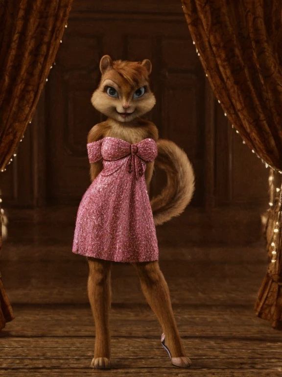 score_9, score_8_up, score_7, score_6, Titanic, brittany miller, chipmunk, furry, short ears, pink dress, high heels, looking at viewer, 6 inches tall,
