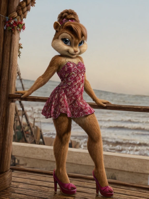 score_9, score_8_up, score_7, score_6, Titanic, brittany miller, chipmunk, furry, short ears, pink dress, high heels, looking at viewer, 6 inches tall,