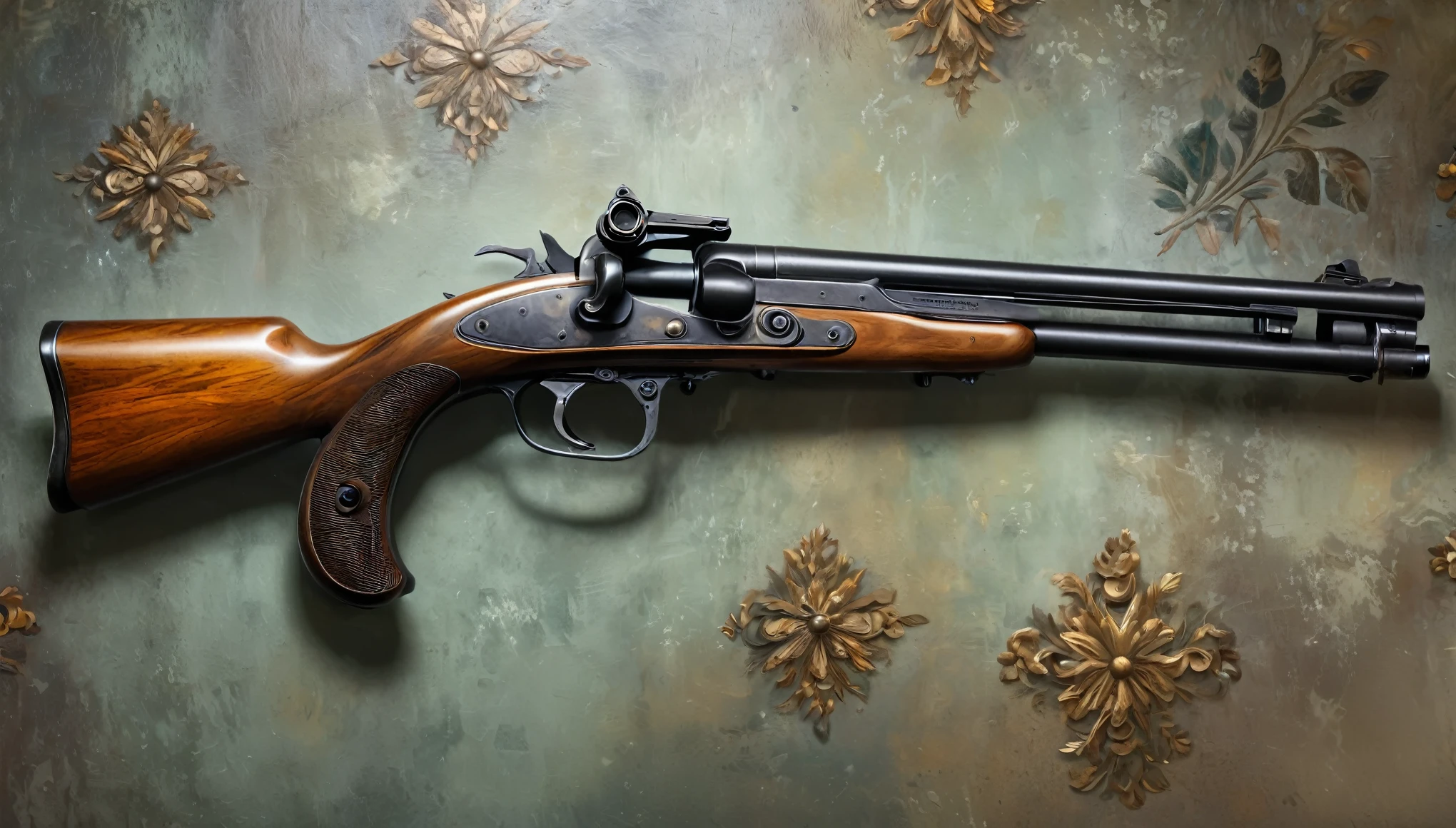 Best quality, Masterpiece, Ultra-high resolution, (photograph realistic:1.4), 8k,Surrealism, Dream-like,Chekhov's gun,Antique guns are displayed on the walls