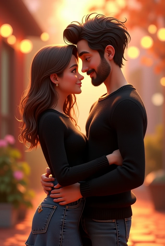 a couple, the white skinned girl,with wavy brown hair, with light brown eyes, with a jean skirt and a black sweater and the boy with short, wavy, black hair, with beard, slightly dark skinned, in a black sweater and jeans, Disney Pixar version