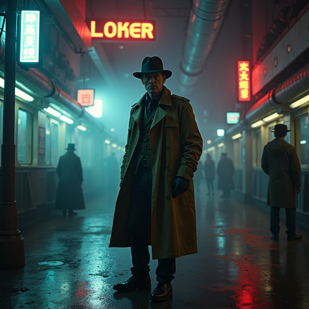 In a dimly lit corner of a bustling spaceport, a weathered private detective stands against a backdrop of flickering neon signs and smoky, industrial haze. This captivating lomographic photograph depicts a retro-futuristic noir-inspired scene, capturing the essence of intergalactic travel. The main subject, the detective, wears a worn trench coat replete with patches, revealing countless adventures. His eyes, veiled under a tilted fedora, hold a glimmer of sharp intuition, etched with wisdom. The grainy texture and muted colors enhance the nostalgic ambiance, transporting viewers to a forgotten era of mystery and exploration. This high-quality image masterfully balances vintage aesthetics and futuristic themes, inviting observers into a captivating cosmic tale.joker movie，Suit，The character in the middle becomes the joker movie