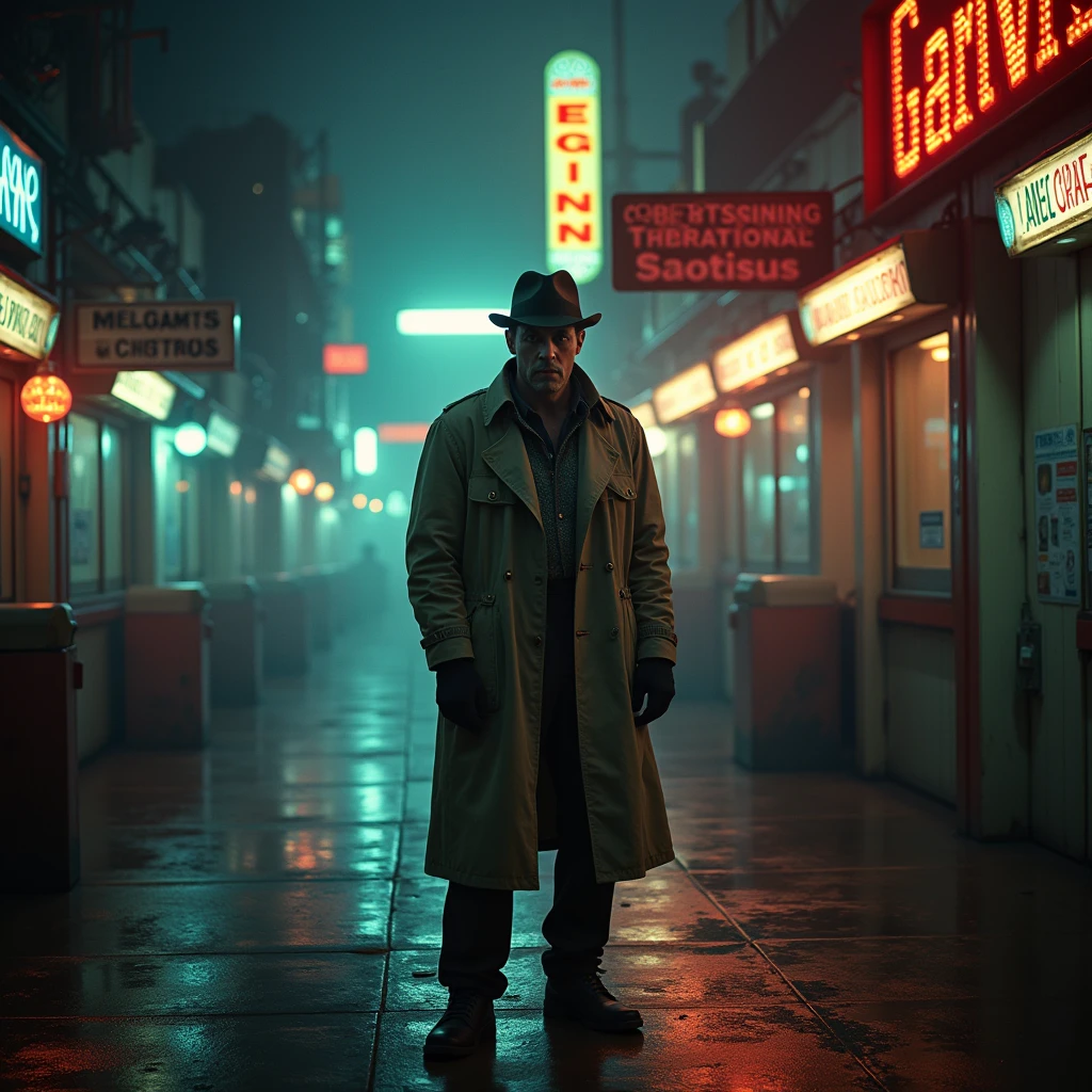 In a dimly lit corner of a bustling spaceport, a weathered private detective stands against a backdrop of flickering neon signs and smoky, industrial haze. This captivating lomographic photograph depicts a retro-futuristic noir-inspired scene, capturing the essence of intergalactic travel. The main subject, the detective, wears a worn trench coat replete with patches, revealing countless adventures. His eyes, veiled under a tilted fedora, hold a glimmer of sharp intuition, etched with wisdom. The grainy texture and muted colors enhance the nostalgic ambiance, transporting viewers to a forgotten era of mystery and exploration. This high-quality image masterfully balances vintage aesthetics and futuristic themes, inviting observers into a captivating cosmic tale.joker movie，Suit，The character in the middle becomes the joker movie