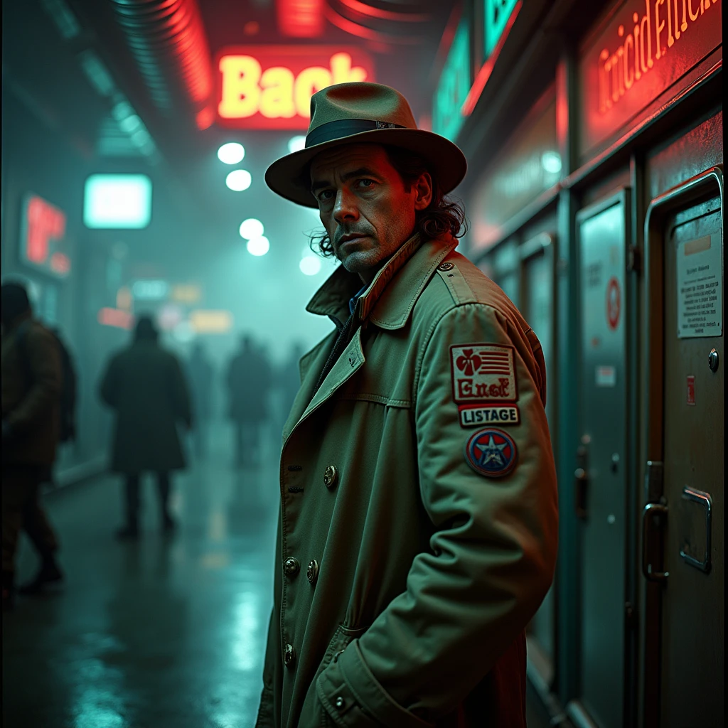 In a dimly lit corner of a bustling spaceport, a weathered private detective stands against a backdrop of flickering neon signs and smoky, industrial haze. This captivating lomographic photograph depicts a retro-futuristic noir-inspired scene, capturing the essence of intergalactic travel. The main subject, the detective, wears a worn trench coat replete with patches, revealing countless adventures. His eyes, veiled under a tilted fedora, hold a glimmer of sharp intuition, etched with wisdom. The grainy texture and muted colors enhance the nostalgic ambiance, transporting viewers to a forgotten era of mystery and exploration. This high-quality image masterfully balances vintage aesthetics and futuristic themes, inviting observers into a captivating cosmic tale.joker movie,Suit,The character in the middle becomes the joker movie