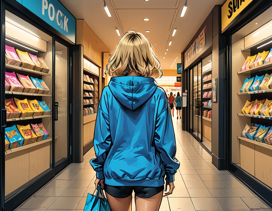((back view)), girl in Blue oversized hoodie and black Elastic shorts entering a shopping center, frontal view of the shopping center, automatic doors opening, tropics, multi-story building, people walking with packages,    adult, [Nordic], Hourglass elongated fitness body, perfect Olive skin, Rounded shoulders, perfect hand, Short blonde Waves pixie hair,   graphic style of novel comics, perfect hands, 2d, 8k, hyperrealism, masterpiece, high resolution, best quality, ultra-detailed, super realistic, Hyperrealistic art, high-quality, ultra high res, highest detailed, lot of details, Extremely high-resolution details, incredibly lifelike, colourful, soft cinematic light,    no face,