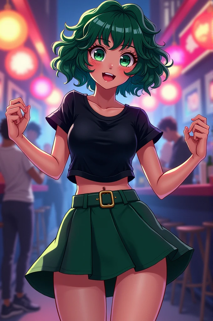 My hero academia Girl with short curly green hair,He has emerald green eyes, has freckles on his face, clear skin , She is wearing a black shirt with a short green skirt and is dancing in a night bar