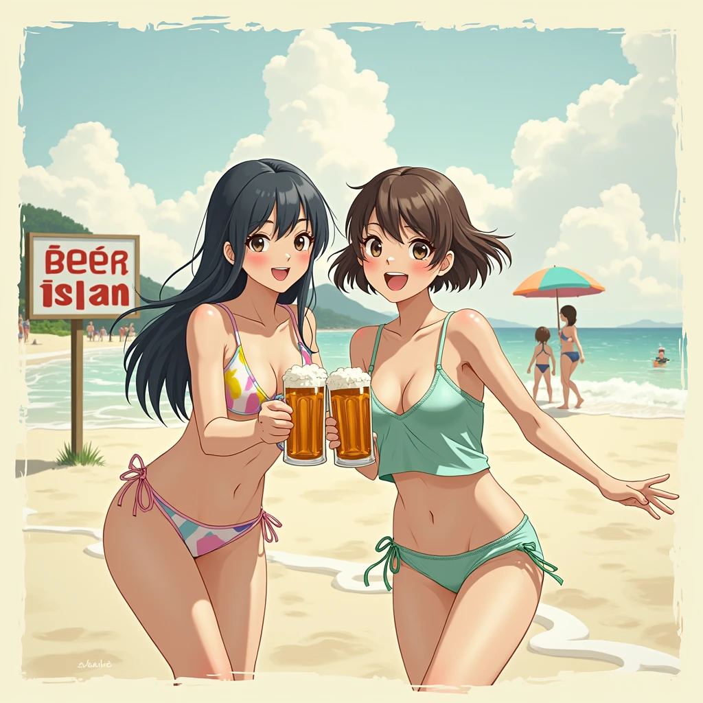 masterpiece, best quality, 2girls,sisters,summer,bkini,(beer mugs)++,beach,Atmosphere of Showa era,retro,signboard,southern island,beer poster,happy,toast,