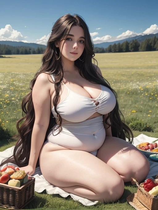 A very fat white woman with long wavy hair, face is perfect and beautiful, has huge body curves, sitting on a picnic blanket in a meadow