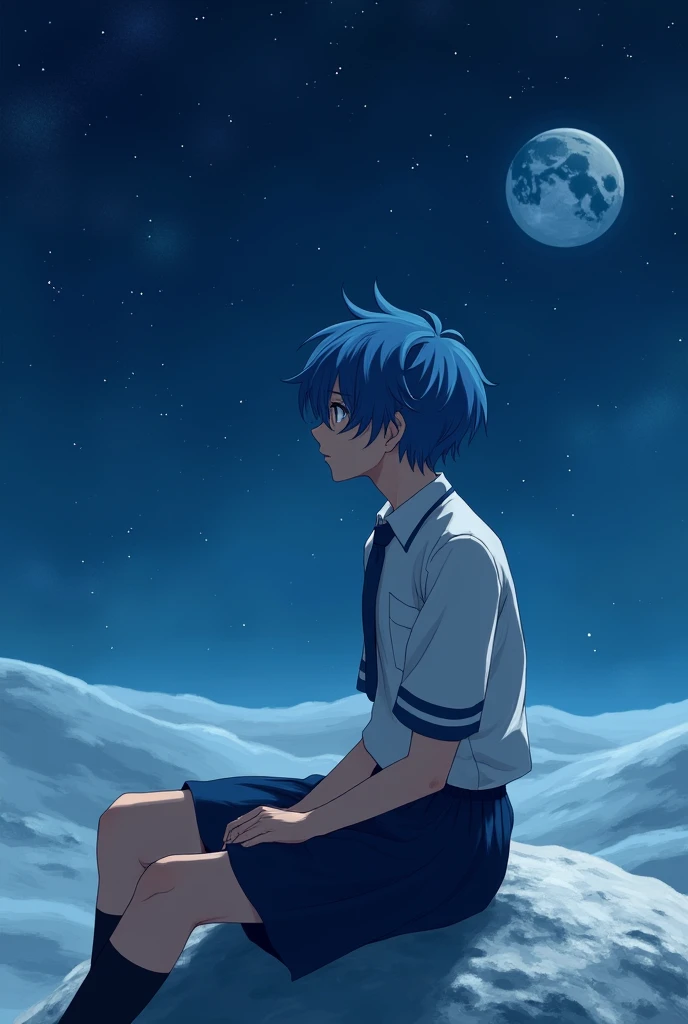 Blue short hair,male,Hair covering right eye,gentle,Get the blues,Half Body,High School Students,Sitting on the moon,School uniform suit