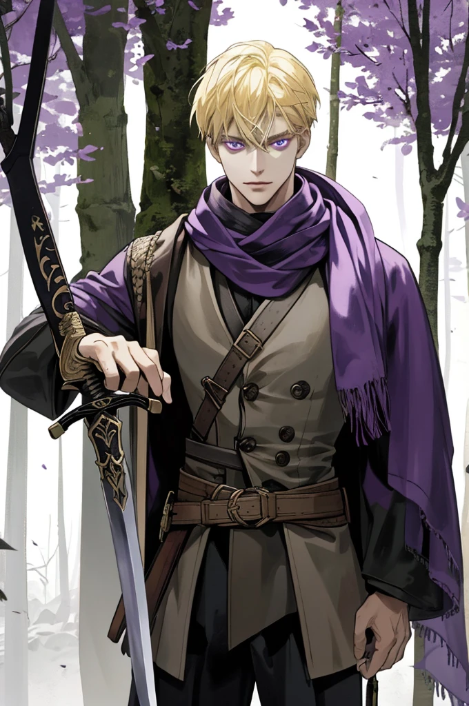 A man with blond hair and violet eyes, dressed in mercenary clothes with a scarf on his back and holding a sword in his hand, looks out of the ordinary and his clothes are in a deplorable state in a scary forest